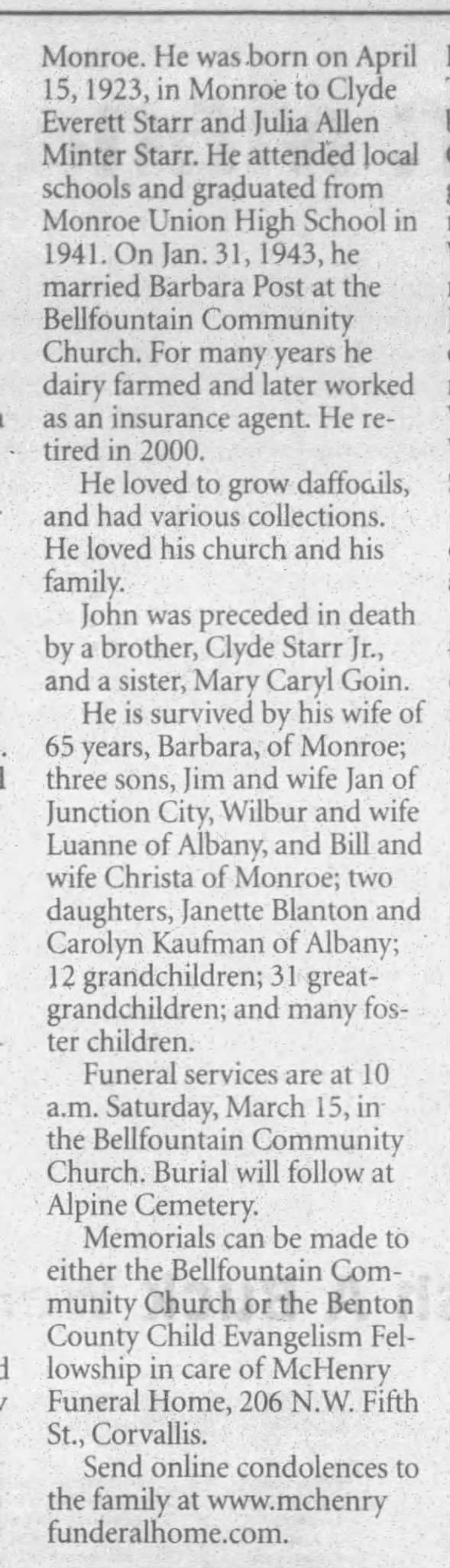 John Minter Starr Obit Pt 2 Corvallis OR Gazette-Times 2008-3-14 Fri Pg 4